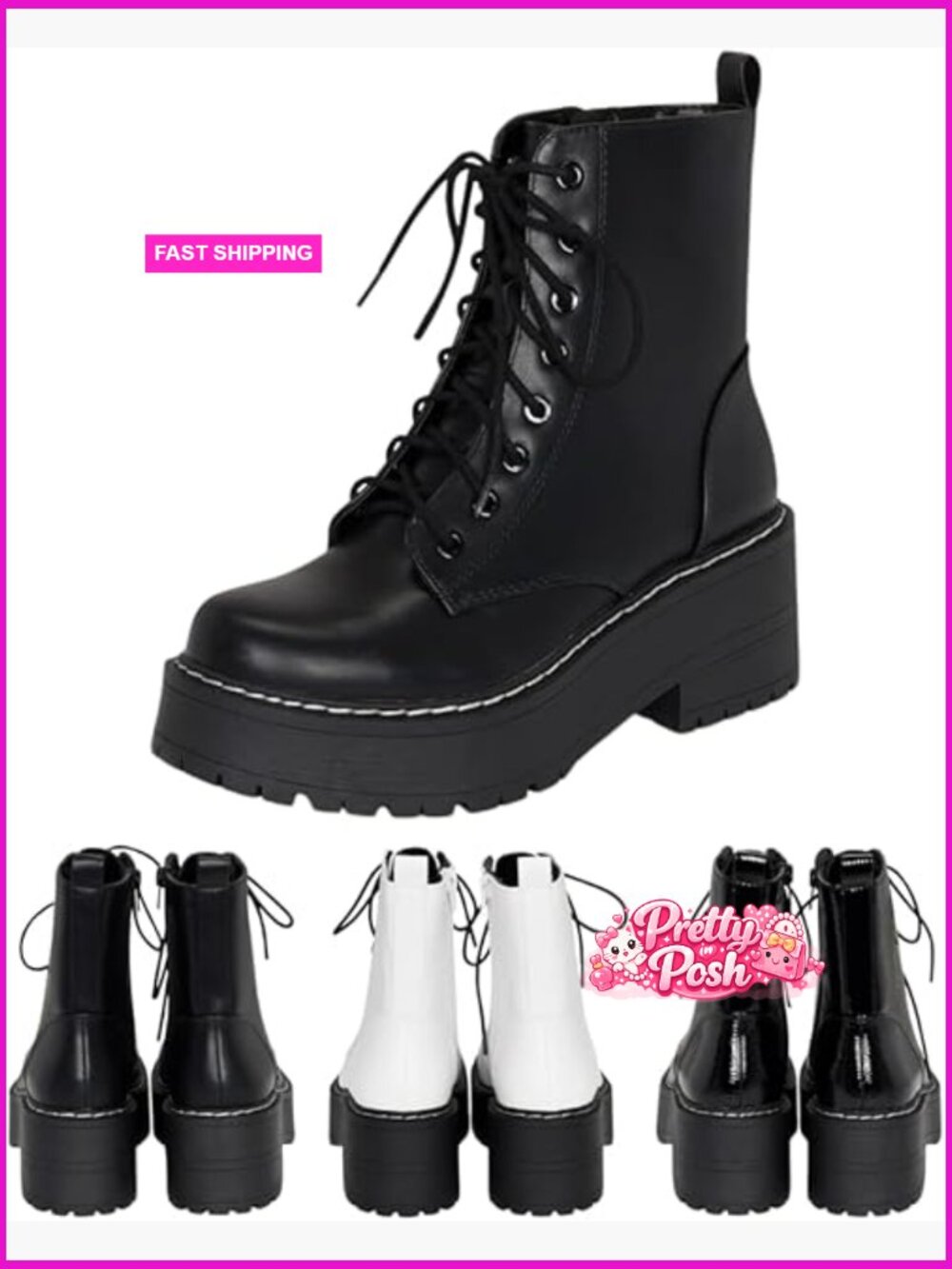 Chunky Lug Sole Combat Lace-Up Ankle Boots with Side Zipper